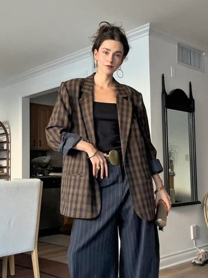 Women's Oversize Check Blazer with Boxy Silhouette and Dropped Shoulders EVA-US