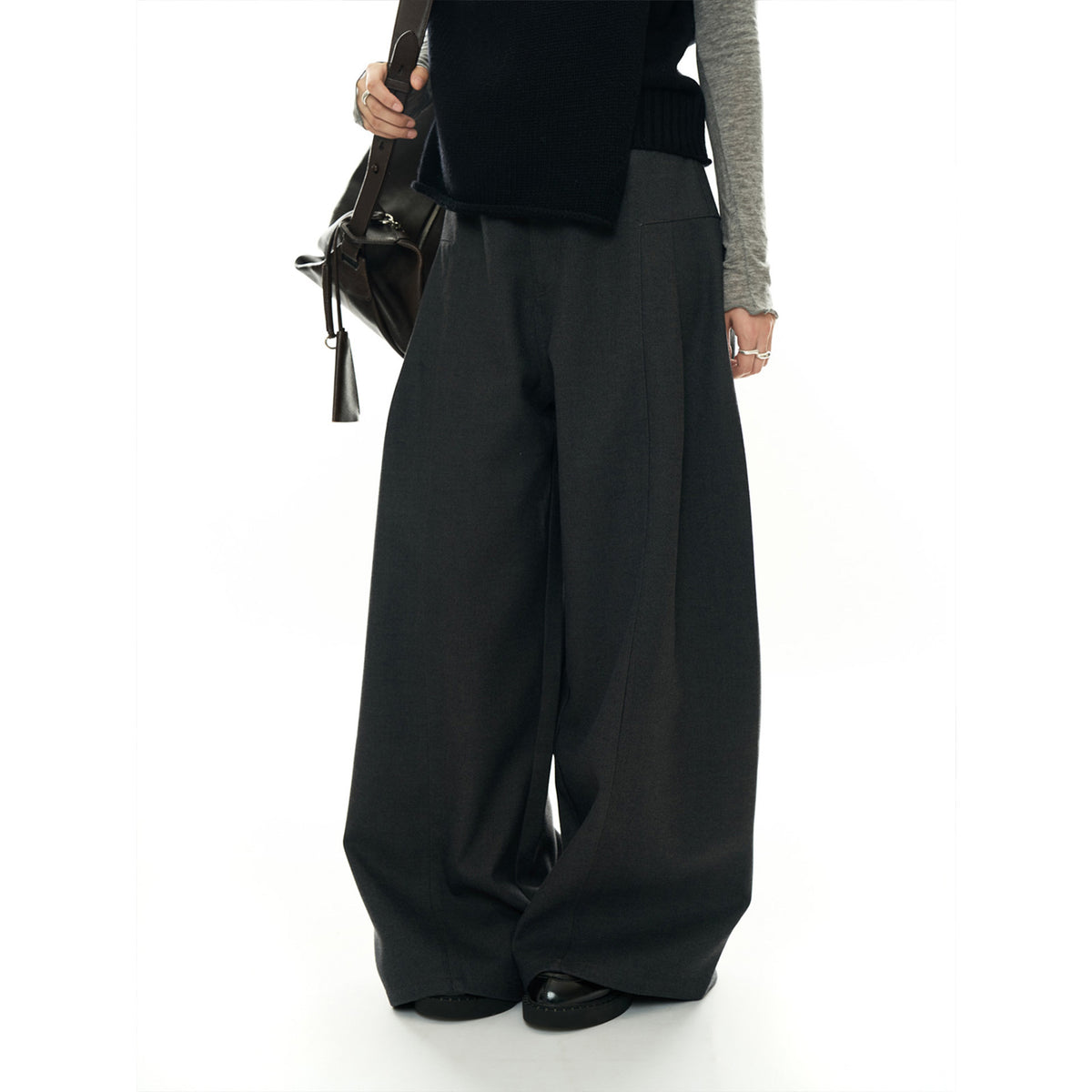 Women High-waisted wide wool-look palazzo trousers with pleats and low crotch EVA-US
