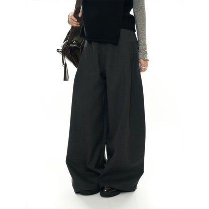 Women High-waisted wide wool-look palazzo trousers with pleats and low crotch EVA-US