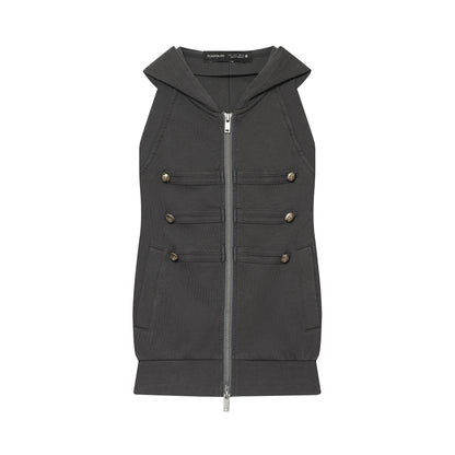 Women’s Sleeveless Hooded Vest with Decorative Button Plackets and Two-Way Zipper EVA-US