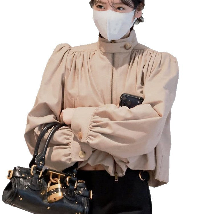 Women Lightweight Blouson Jacket with Balloon Sleeves and Stand-up Collar EVA-US