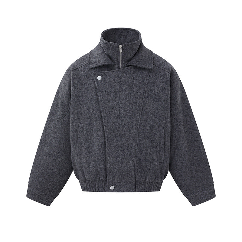 Men's Boxy Wool Blend Blouson Jacket with Asymmetric Double Fastening and High Stand-Up Collar EVA-US
