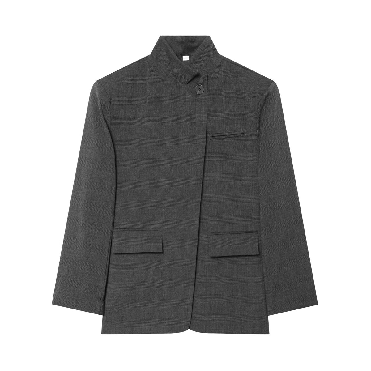 Women Checked Long Blazer with Stand Collar, Concealed Button Placket and Flap Pockets EVA-US