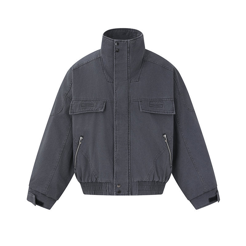Men's short-cut canvas bomber jacket with high stand-up collar, concealed front placket, and zip pockets EVA-US