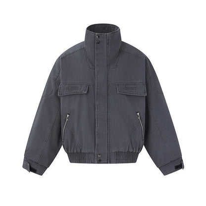 Men's short-cut canvas bomber jacket with high stand-up collar, concealed front placket, and zip pockets EVA-US