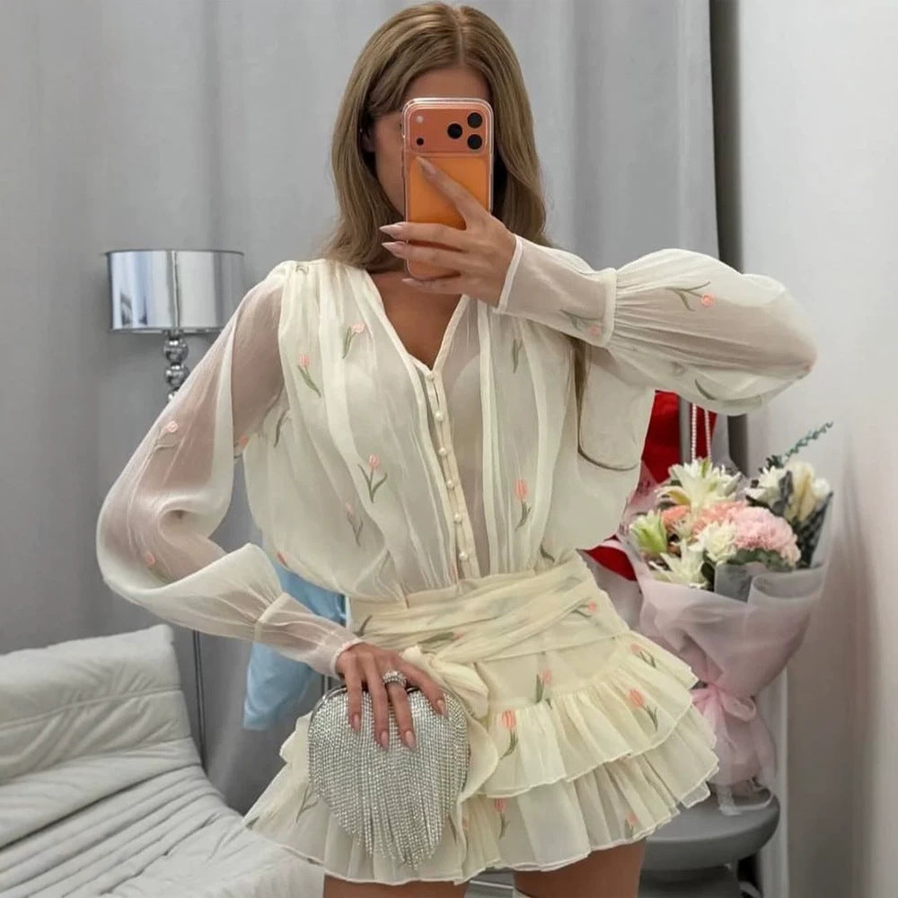 Ladies Two-Piece Chiffon Set with Embroidered Sheer Blouse and Ruffled Mini Skirt EVA-US