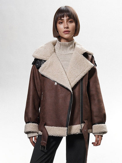 Women's Oversized Biker Jacket with Teddy Fur Lining and Adjustable Belts EVA-US
