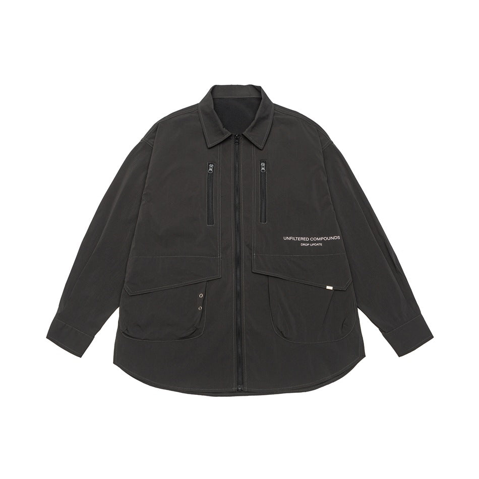 Unisex Technical Overshirt Jacket in Boxy Cut with Front Zipper and Multi-Function Pockets EVA-US