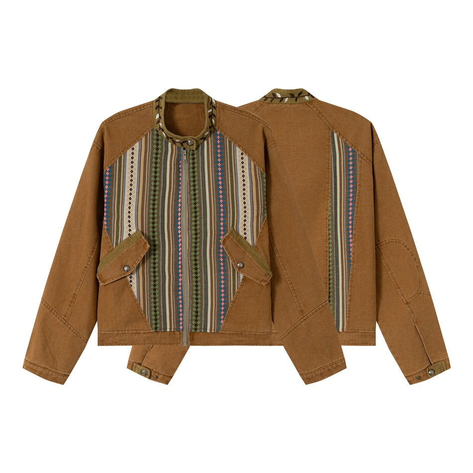 Women's short cotton blouson jacket with ethnic woven panels and cord trimming EVA-US