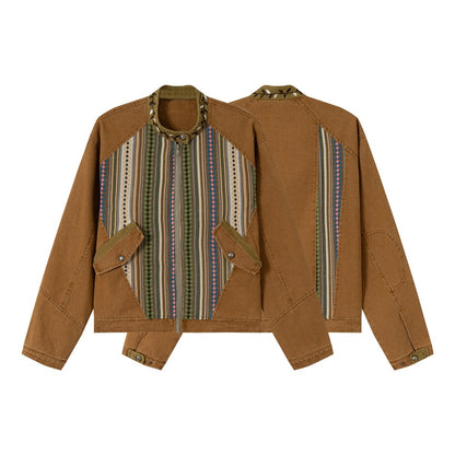 Women's short cotton blouson jacket with ethnic woven panels and cord trimming EVA-US
