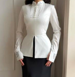 Women Tailored Satin Jacket with Mandarin Collar, decorative cord fastenings and embroidered cuffs EVA-US