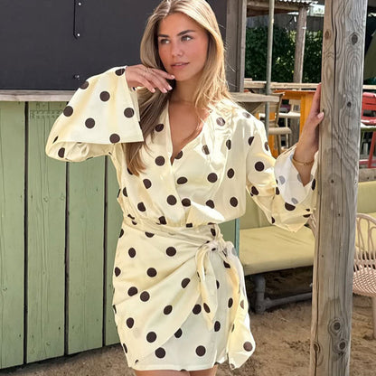 Ladies wrap mini dress with V-neck, bell sleeves and polka dot print EVA-US