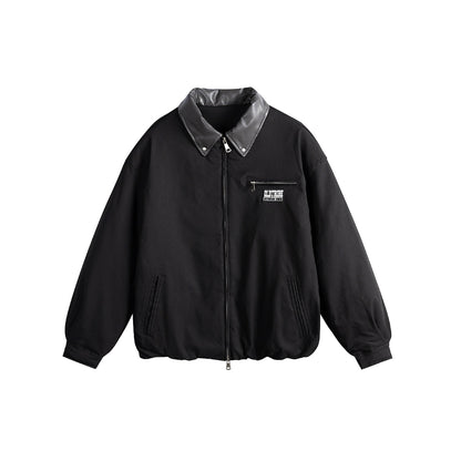 Unisex Oversized Blouson Jacket with Faux Leather Shawl Collar, Two-Way Zipper and Elastic Hem EVA-US