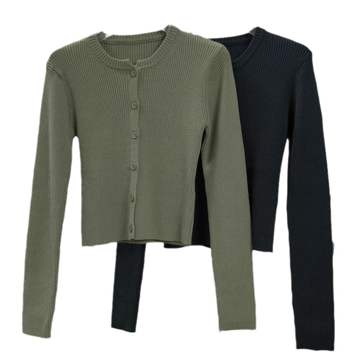 Women's Ribbed Cropped Cardigan with Button Placket and Narrow Silhouette EVA-US