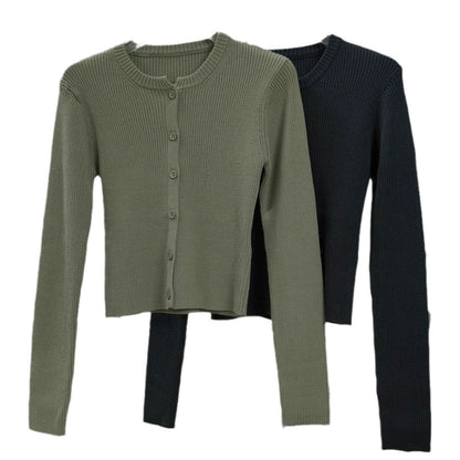 Women's Ribbed Cropped Cardigan with Button Placket and Narrow Silhouette EVA-US