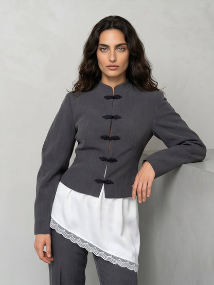 Women's Tailored Cropped Blazer with Mandarin Collar and Decorative Knot Closure EVA-US