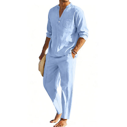 Men's comfortable linen two-piece with stand-up collar shirt and tapered ankle-length pants EVA-US