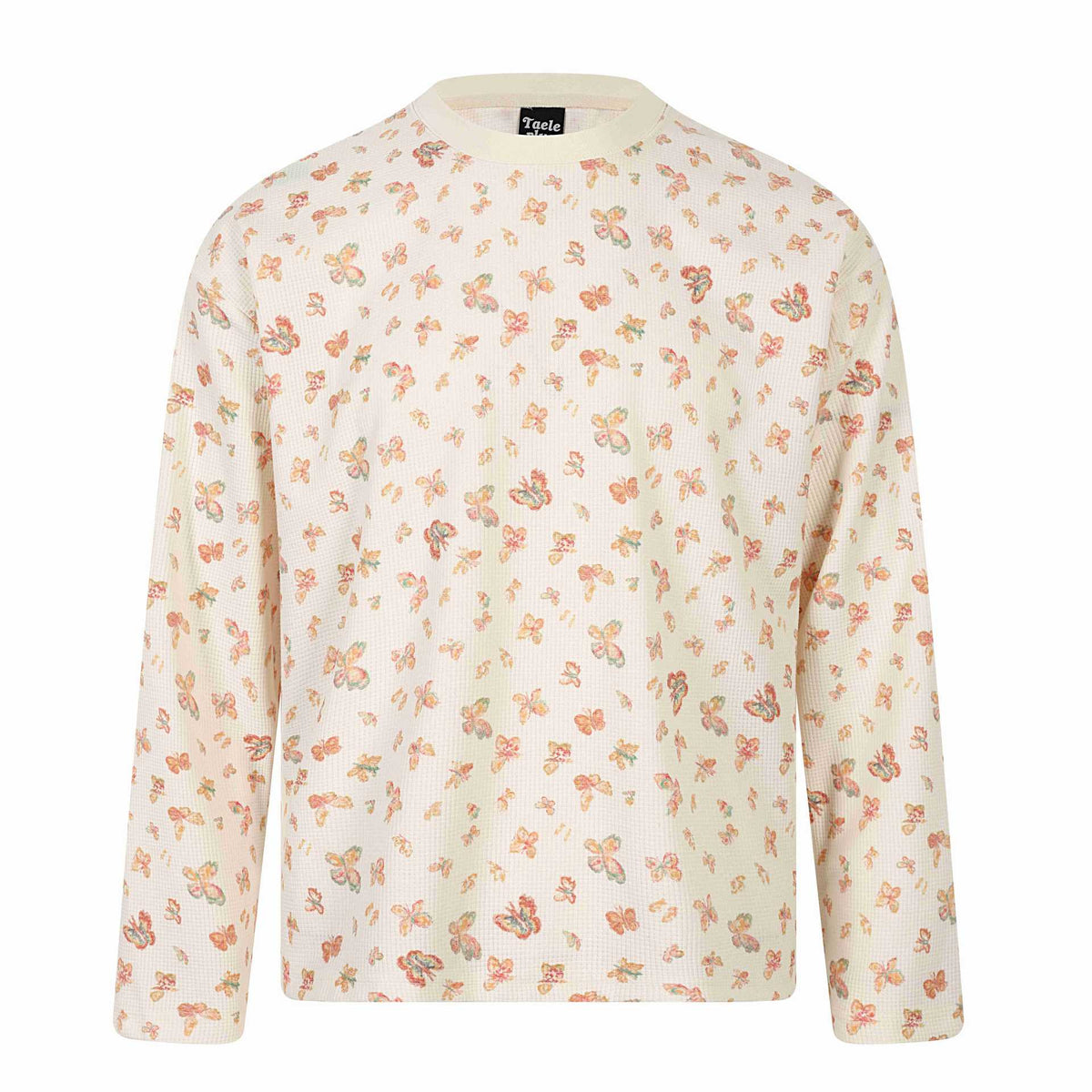 Women Waffle Knit Long Sleeve Shirt with Allover Butterfly Print and Round Neck EVA-US