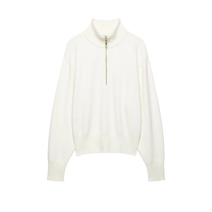 Women's chunky knit pullover with half zipper, stand collar and dropped shoulders EVA-US