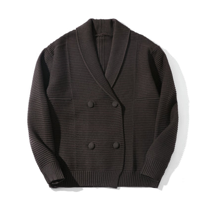 Women's Double-breasted Knit Cardigan with Shawl Collar and Structured Knit EVA-US