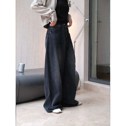 Women's Wide High-Waist Denim Palazzo Pants with Vintage Wash EVA-US