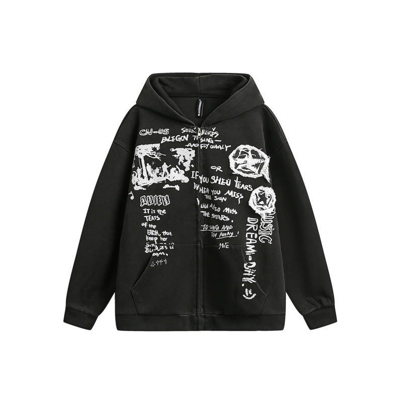 Unisex Oversize Hooded Zip Jacket with Artistic Print EVA-US