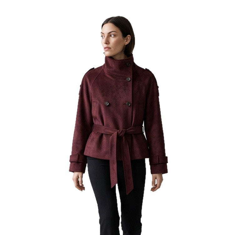 Women's Tailored Short Jacket in Suede Look with Double Breasted and Stand-Up Collar EVA-US