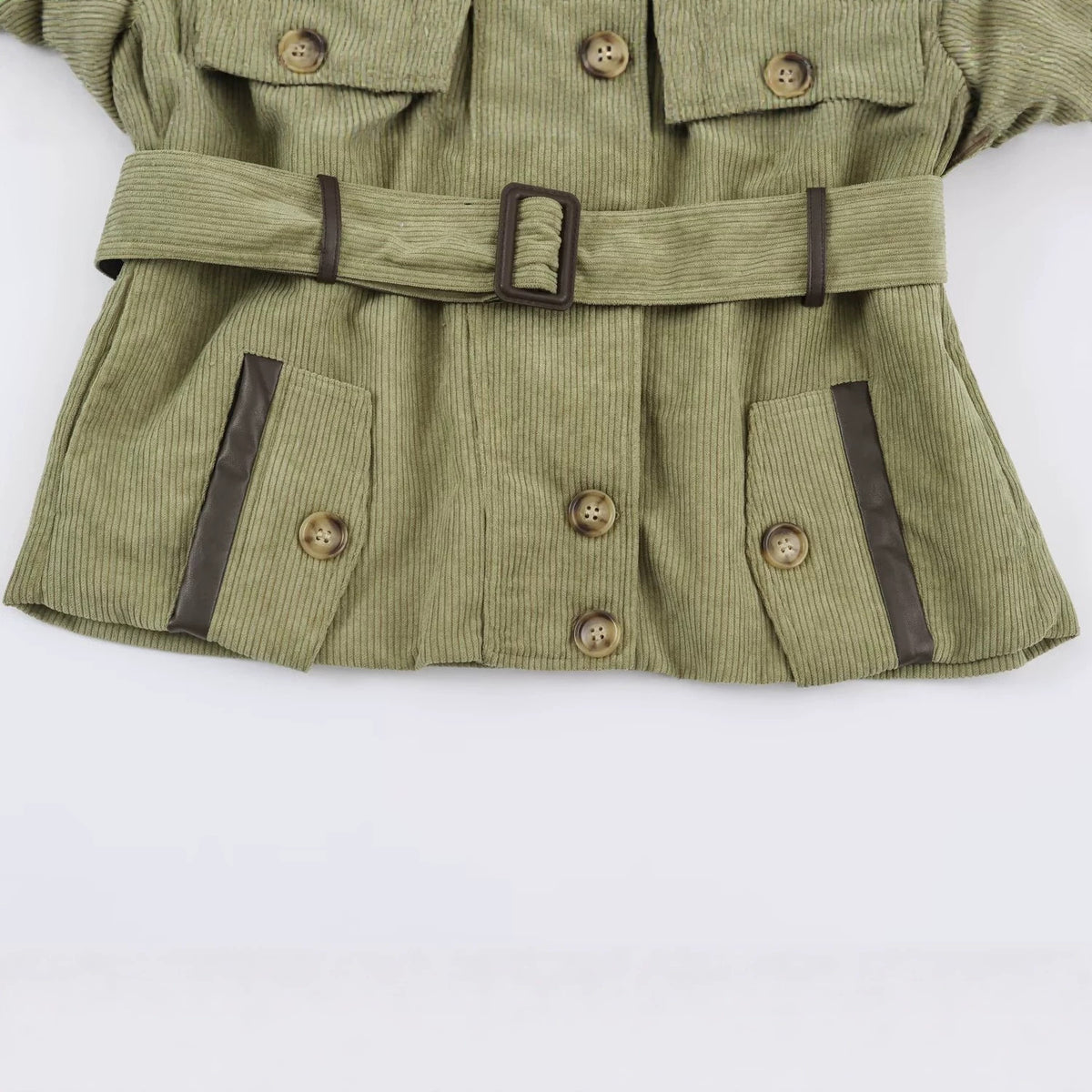 Women's Cord Field Jacket with Waist Belt and Stand-Up Collar EVA-US