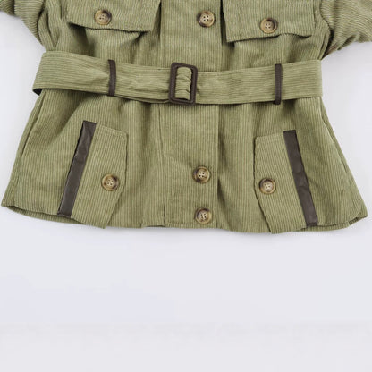 Women's Cord Field Jacket with Waist Belt and Stand-Up Collar EVA-US