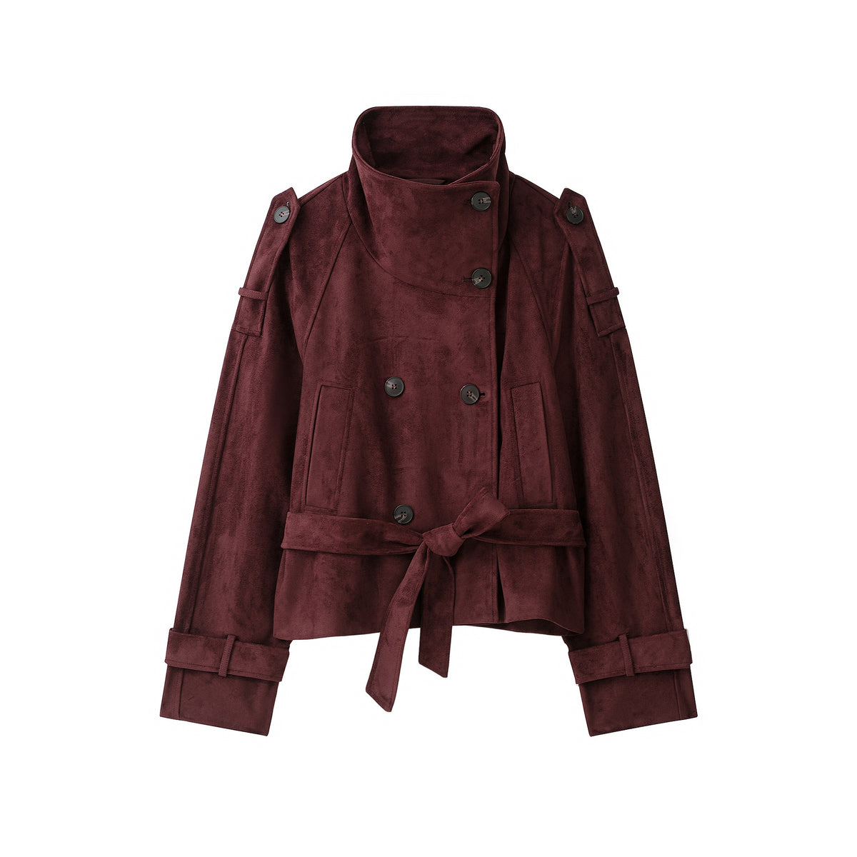 Women's Velvet Trench Coat with High Funnel Collar and Tie Belt EVA-US