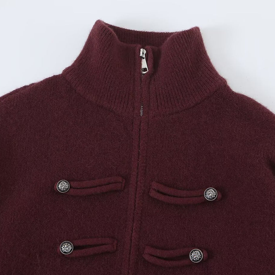 Ladies cardigan with stand-up collar, zipper and decorative knot trims EVA-US