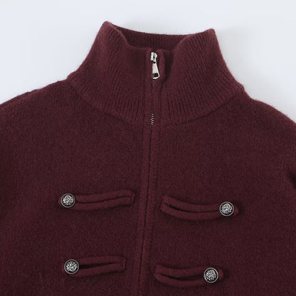 Ladies cardigan with stand-up collar, zipper and decorative knot trims EVA-US