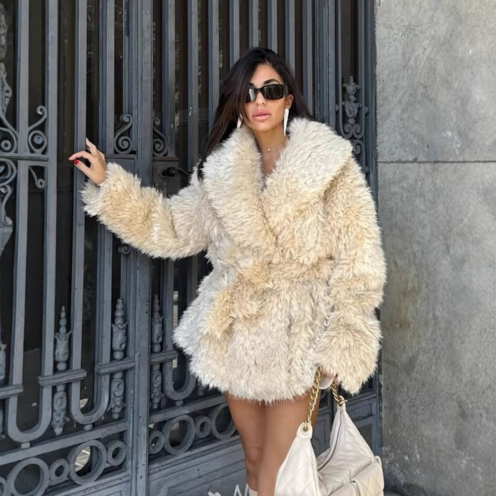 Women Short Cozy Faux Fur Coat with Waist Belt and Voluminous Shawl Collar EVA-US