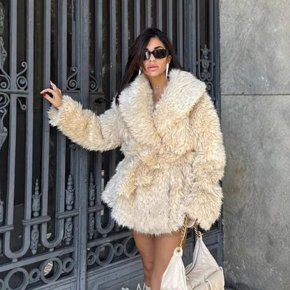 Women Short Cozy Faux Fur Coat with Waist Belt and Voluminous Shawl Collar EVA-US