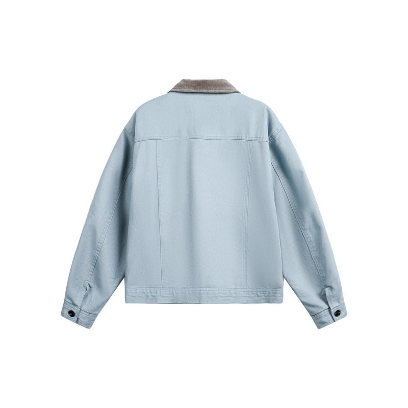 Unisex Short Cut Boxy Denim Jacket with Corduroy Collar and Side Pockets EVA-US