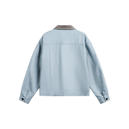 Unisex Short Cut Boxy Denim Jacket with Corduroy Collar and Side Pockets EVA-US