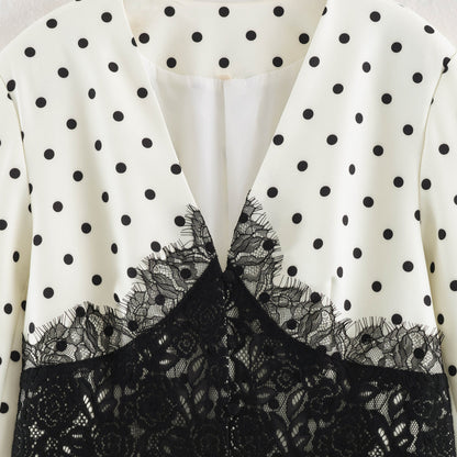 Women's Tailored Blazer with Polka Dot Pattern and Lace-Trimmed Corset Detail EVA-US