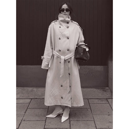 Women's Long Oversized Trench Coat with High Stand Collar, Bell Sleeves and Tie Belt EVA-US