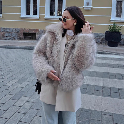 Women Short Boxy Jacket made of high-pile faux fur with high shawl collar EVA-US