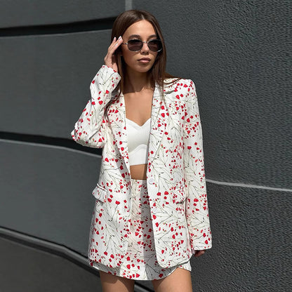 Ladies Floral Blazer and Mini Skirt Set made of textured cotton blend EVA-US