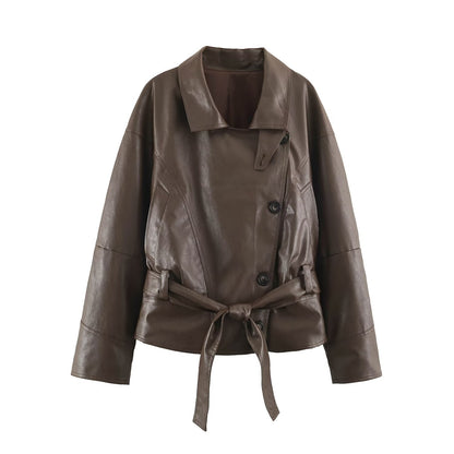 Women Tailored Leather Look Jacket with Asymmetrical Button Placket and Ties Belt EVA-US