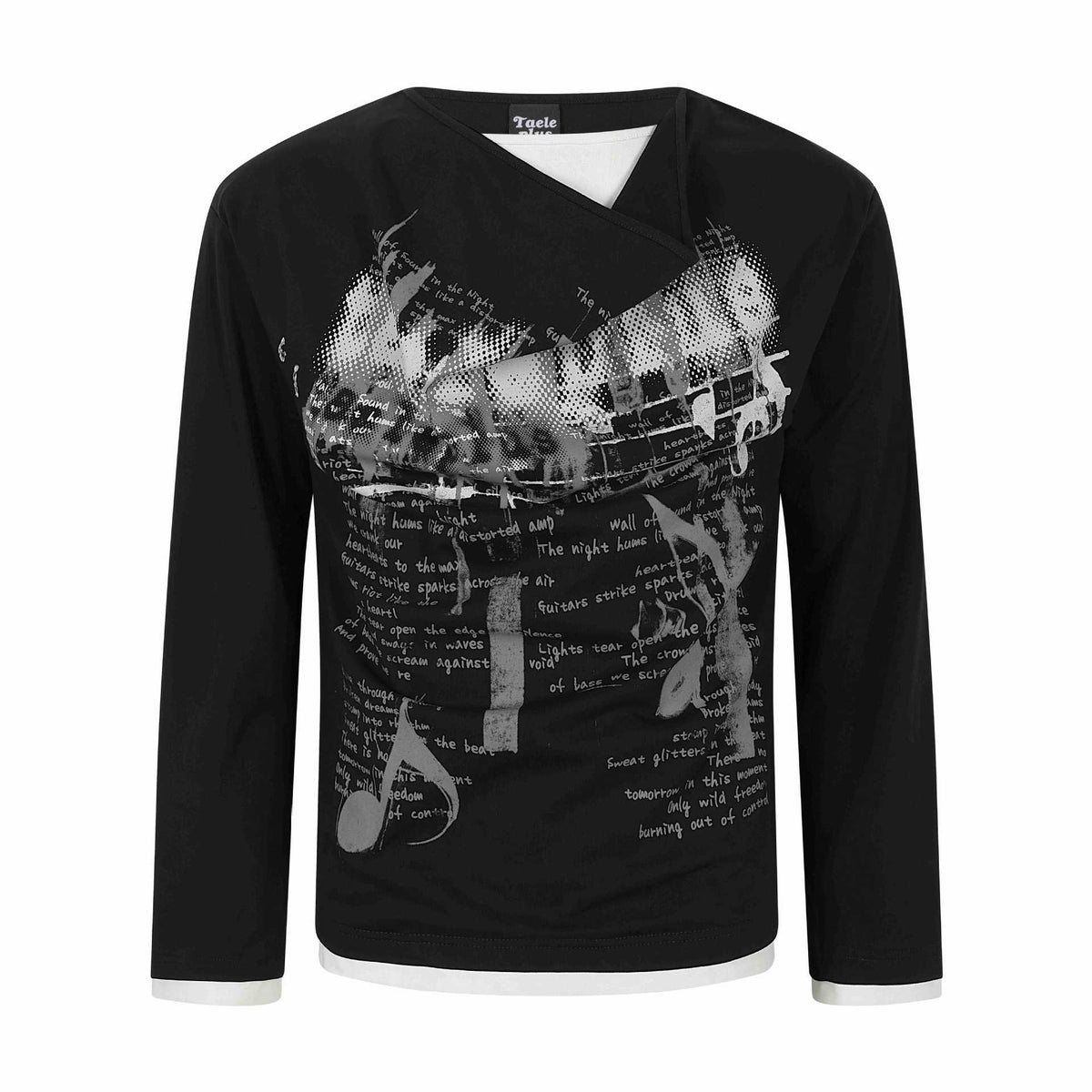 Women's long sleeve shirt with asymmetric funnel neck and graphic music print EVA-US