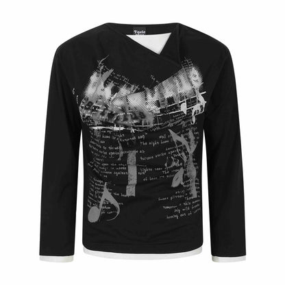 Women's long sleeve shirt with asymmetric funnel neck and graphic music print EVA-US