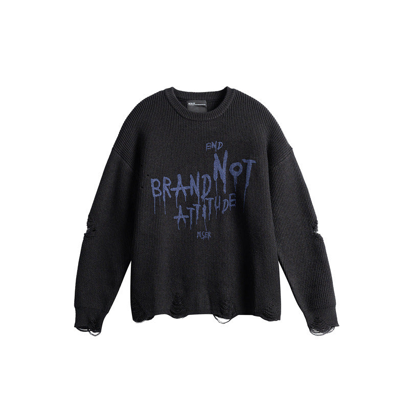 Unisex Oversize Knit Sweater with Destroyed Details and Statement Print EVA-US