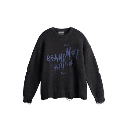 Unisex Oversize Knit Sweater with Destroyed Details and Statement Print EVA-US