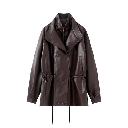 Women Oversized Double-Breasted Faux Leather Coat with Drawstring and Stand-Up Collar EVA-US