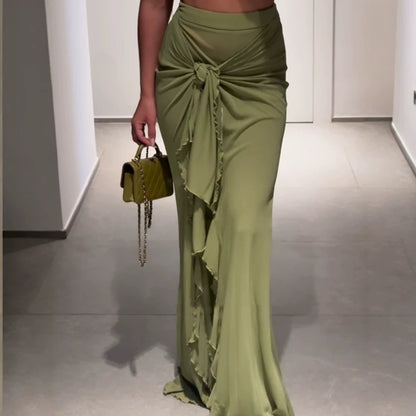 Women High-Waisted Maxi Skirt with Asymmetrical Gather, Knot Detail and Ruffle Split EVA-US