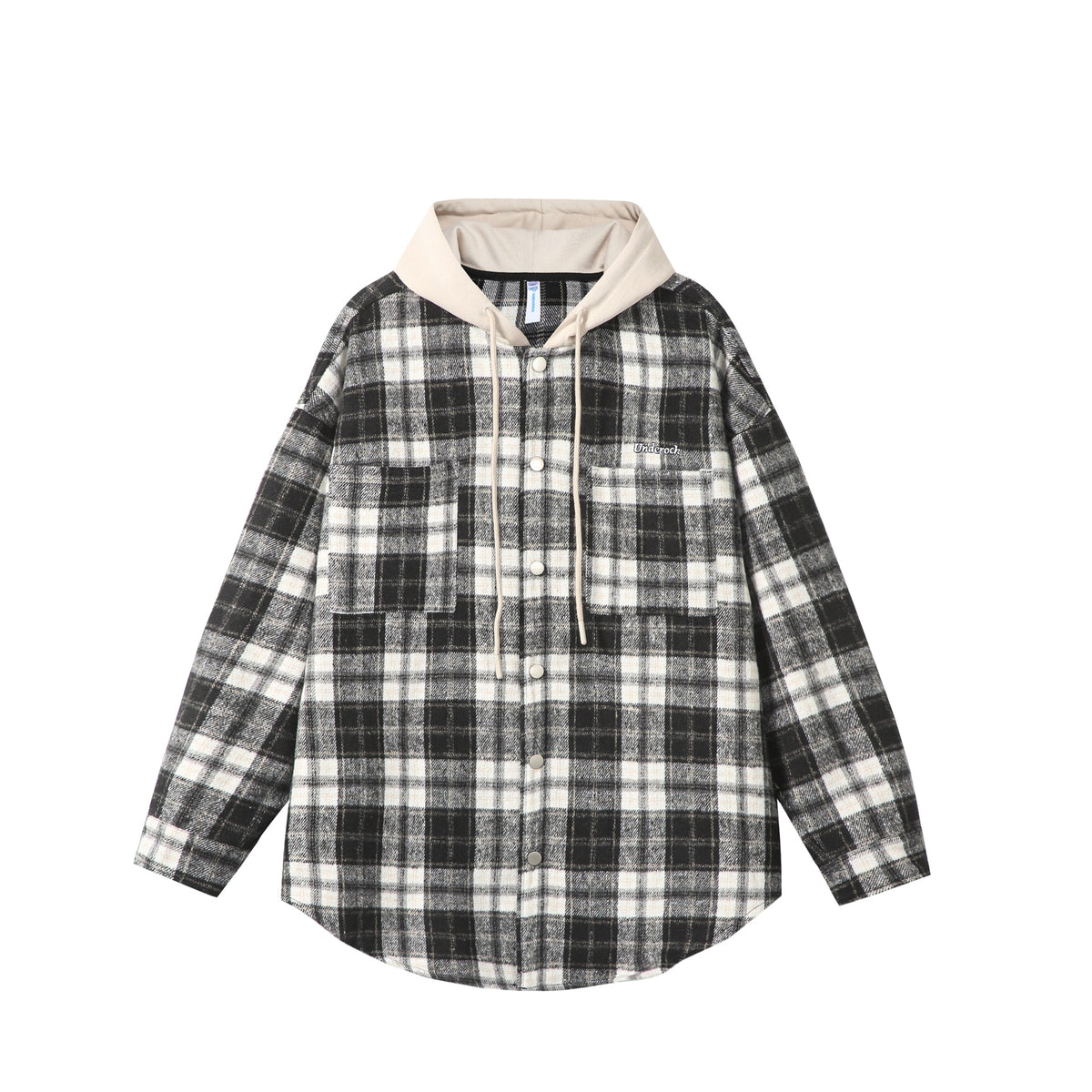 Unisex Oversized Check Shirt Jacket with Hood, Snap Buttons and Chest Pocket EVA-US