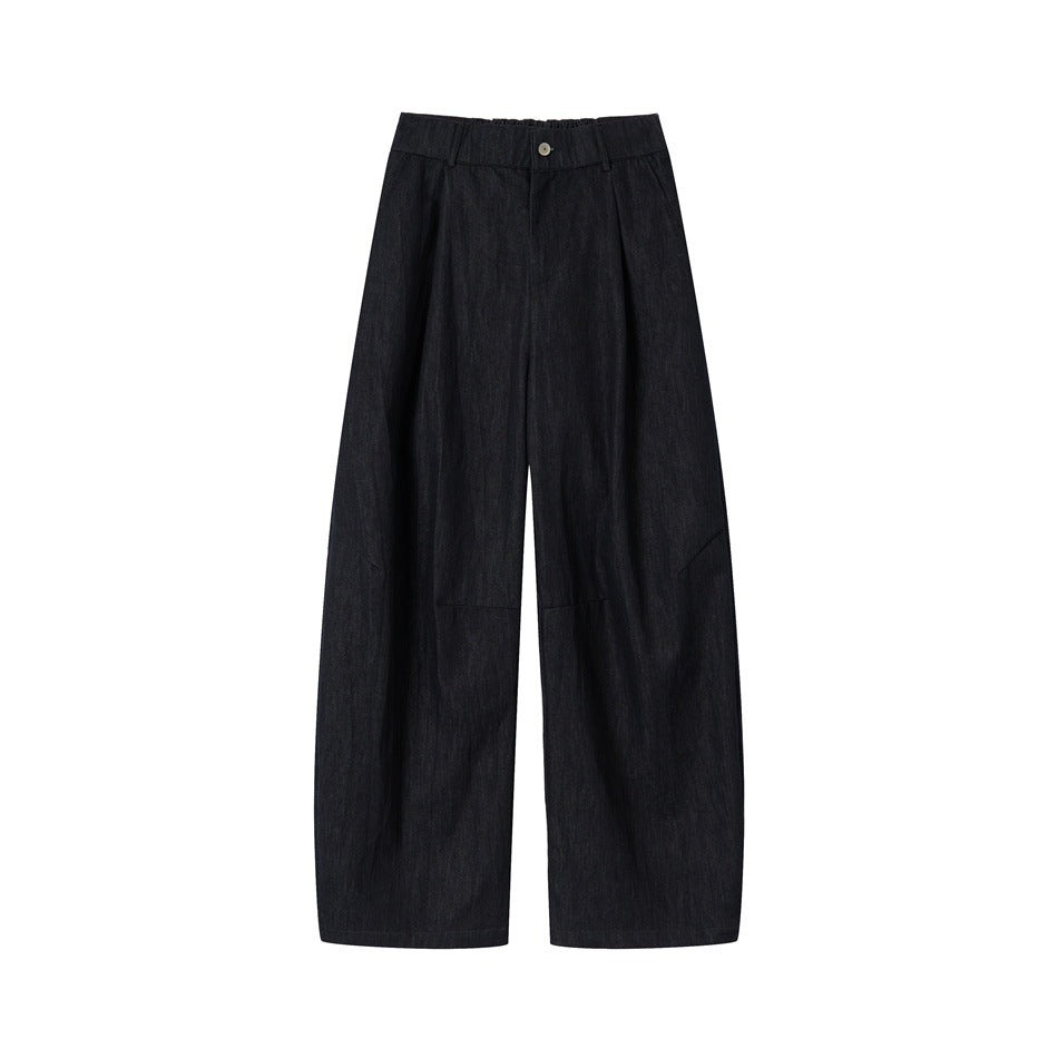 Women's high-waisted wide culotte pants made of denim mix with pleats and button closure EVA-US