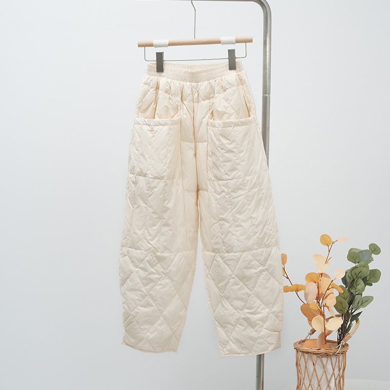 Women's Quilted Oversized Padded Pants with Elastic Waistband and Large Patch Pockets EVA-US